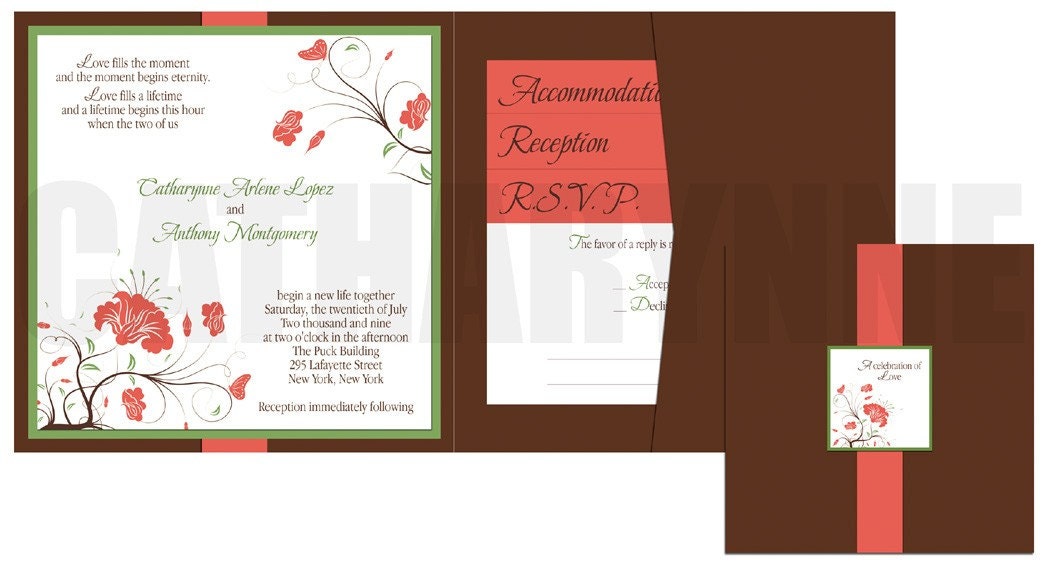 Pocketfold Wedding Invitation in Coral and Brown From catharynne