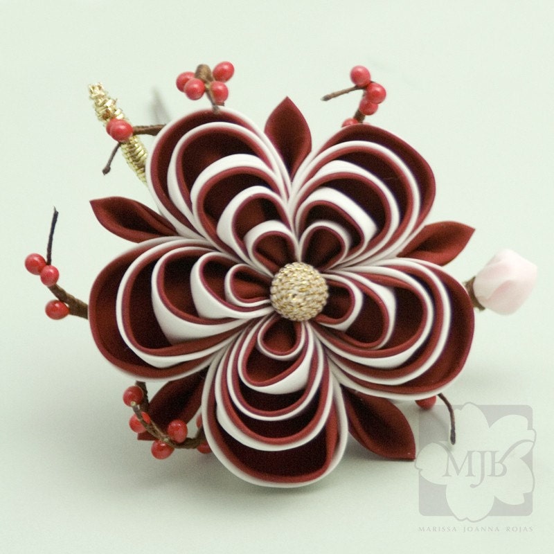Red and White Ume Kanzashi Silk Flower Hairpin