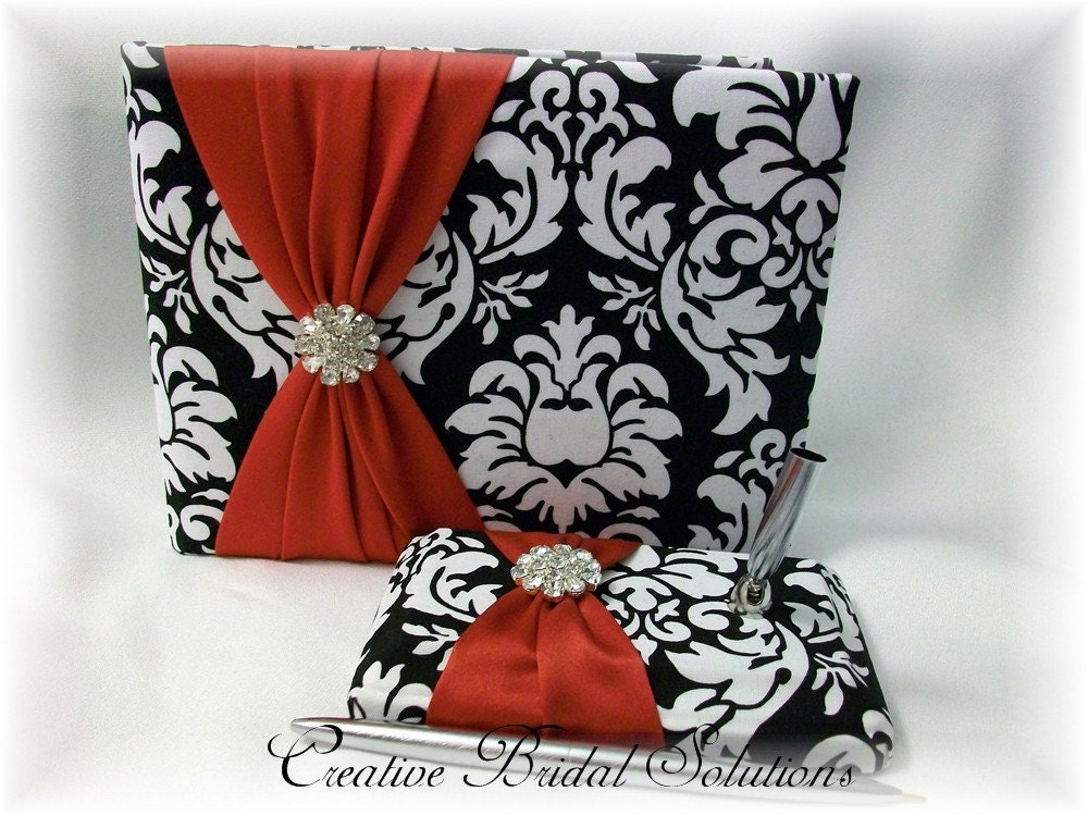 Black and White Damask with Red Wedding Guest Book and Pen Set