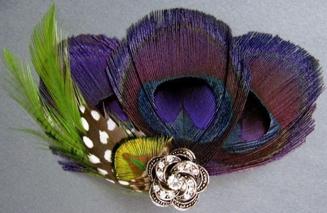 Purple Peacock Bridal hair piece flower feathers rhinestone fascinator 