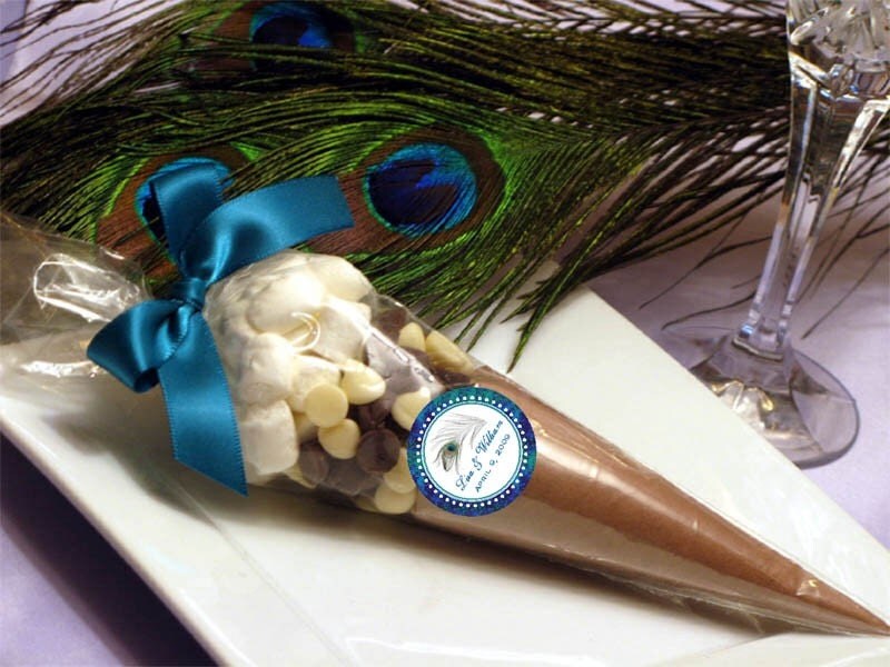 PEACOCK wedding HOT COCOA cone favors bridal shower birthday turquoise green