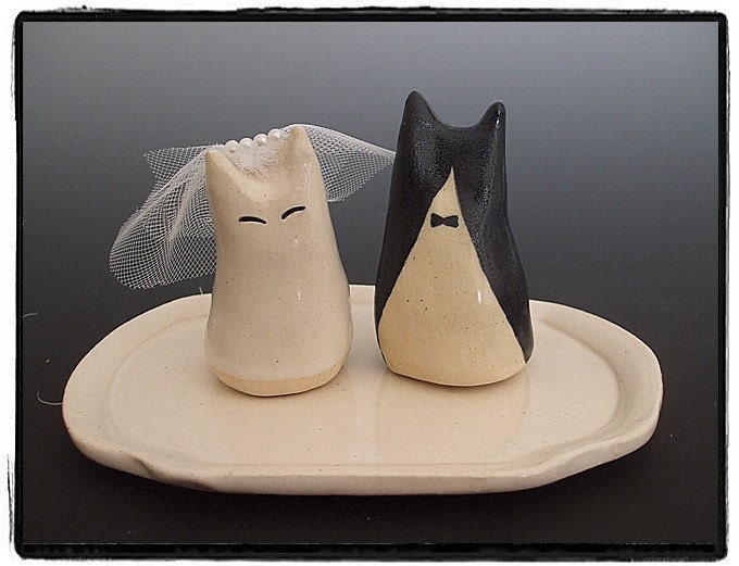 Unique Wedding Cake TopperWhite Cat Bride and Tuxedo Cat Groom with Tray
