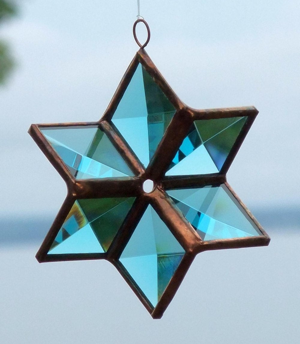 Turquoise Beveled Stained Glass Star Ornament Three Dimensional with Copper Lines - Small
