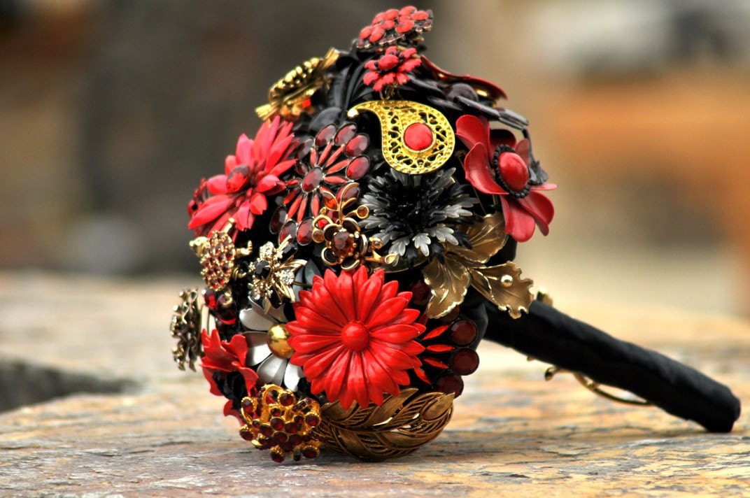 Wedding Bridal Brooch Bouquet Black Red Gold with stones 