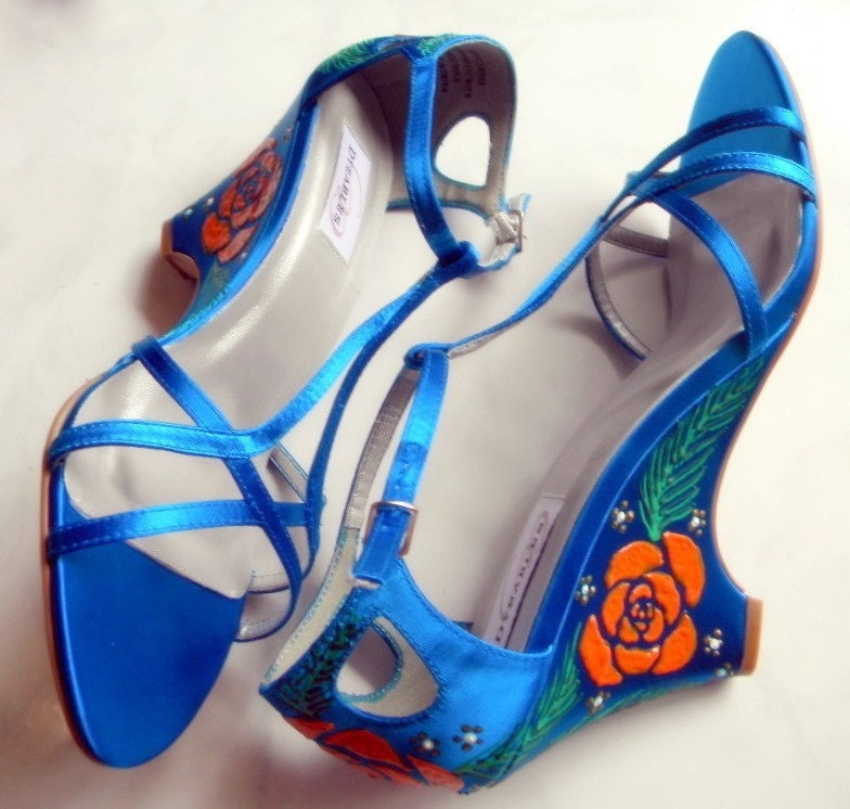 Wedding shoes Painted orange roses Electric Blue Wedges From norakaren