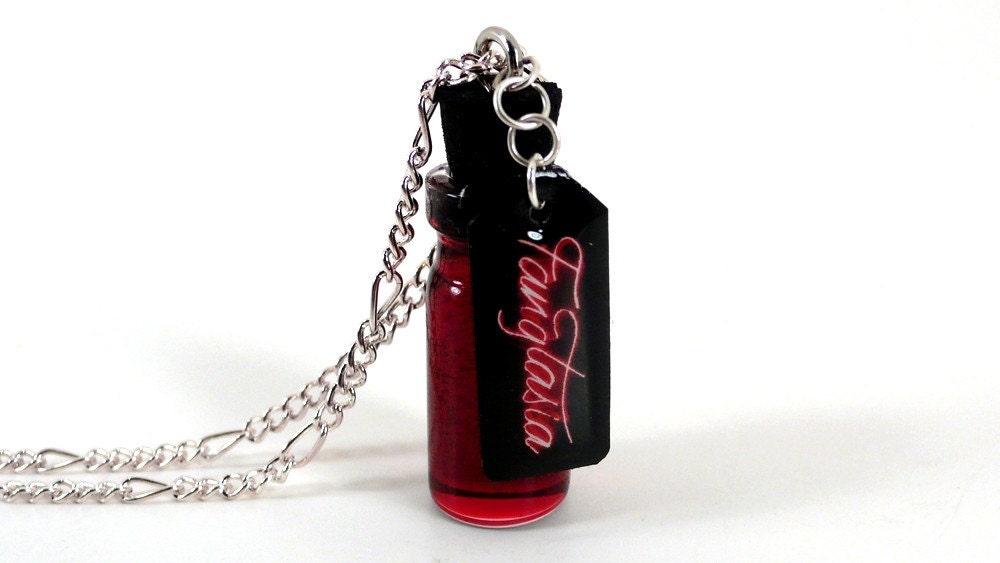True Blood inspired vial of fake blood with a Fangtasia sign