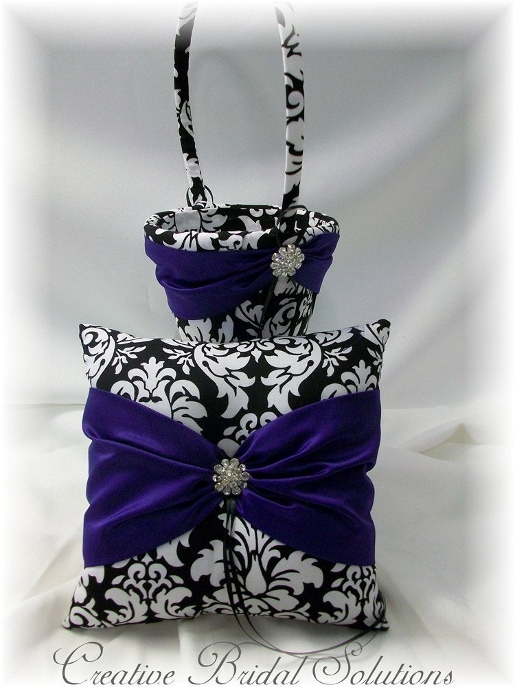 Black and White Damask with Purple Wedding Flower Girl Basket and Ring 