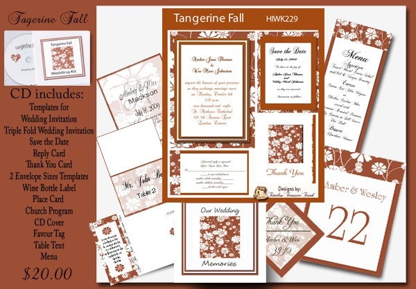 Delux Tagerine Fall Wedding Invitation Kit on CD