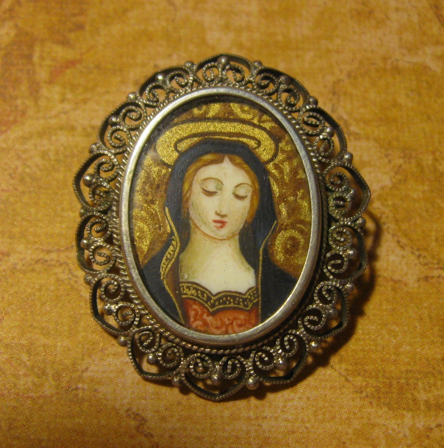 Antique Brooch Virgin Mary Hand Painted Miniature 800 Silver Pendant