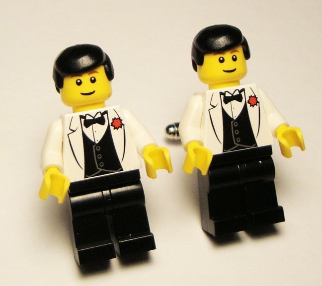 Full body wedding tuxedo groom with black hair LEGO silver toned cufflinks 