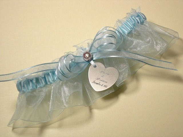 Blue Wedding Garter in Organza with a Swarovski Crystal and Personalized
