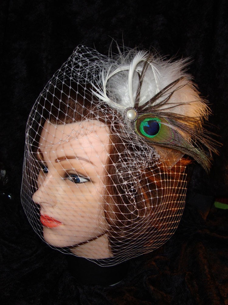 white peacock bridal fascinator with veil From bcherrydesigns