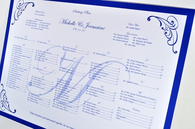 Wedding Reception Seating Chart Custom Design Royal Blue With Swirl