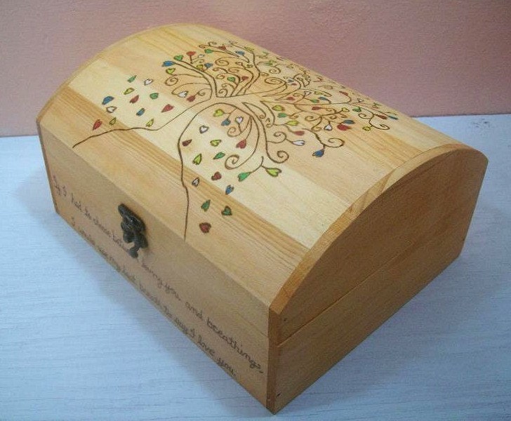 Wedding Gift Card Box Small Wood Burned Tree of Hearts Design