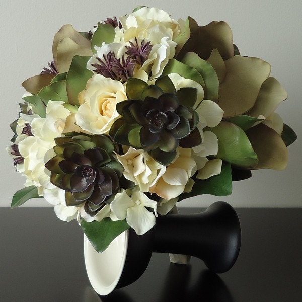 Silk bridal bouquet and matching boutonniere sage magnolias purple 