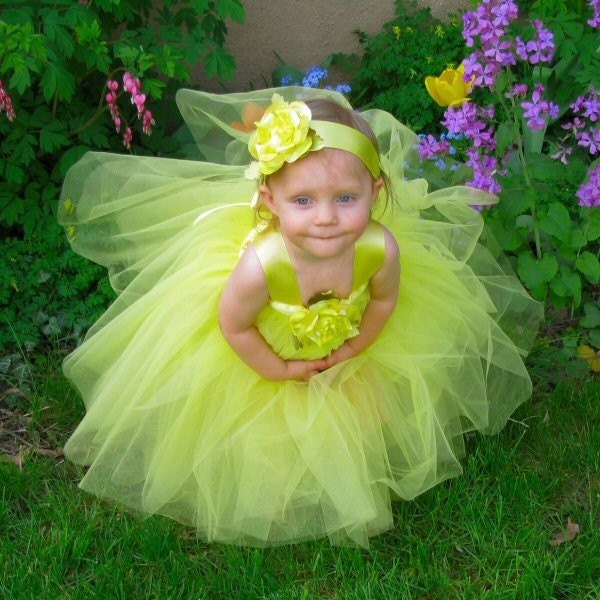 Yellow Fairy Princess Gown Flower Girl Tutu Dress Halloween Costume 2pc Set