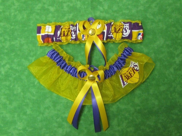 The LAKERS keepsake wedding garter is gathered in fine yellow organza with a