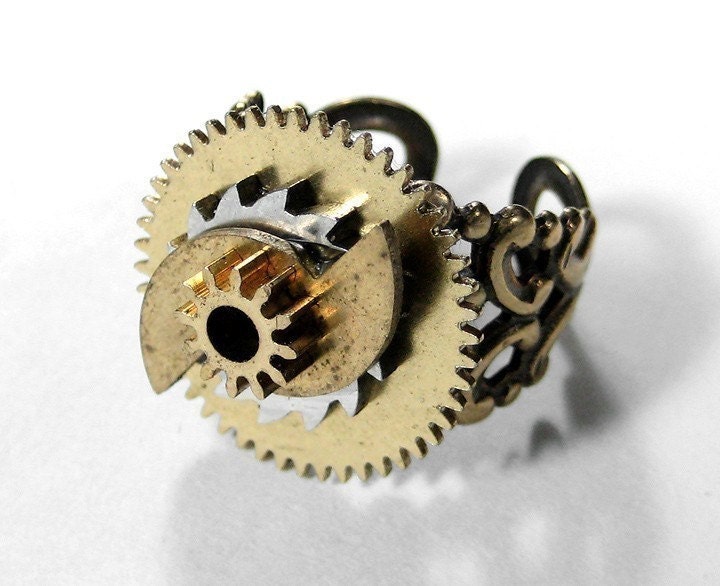 Steampunk Ring Vintage Watch Stacked GEARS Adjustable Brass Ring