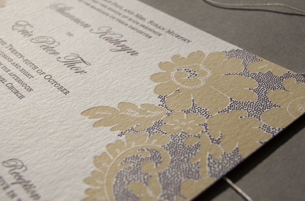 Vintage Lace letterpress wedding invitation From pistachiopress