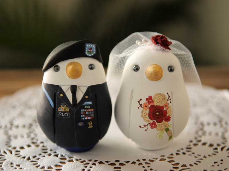 Custom Wedding Cake Topper Medium Military Love Birds with Hand Painted 