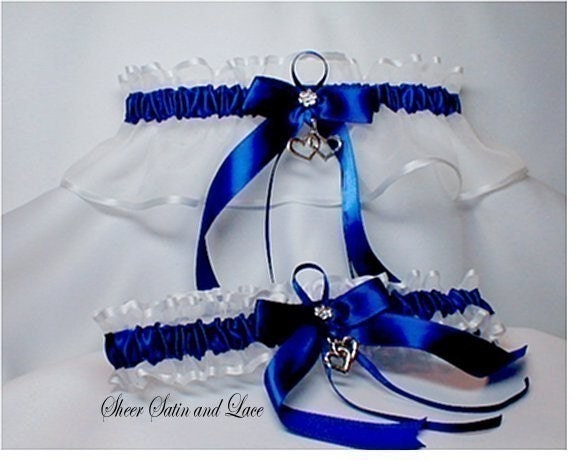 Double Heart Wedding garters ROYAL blue Garter set