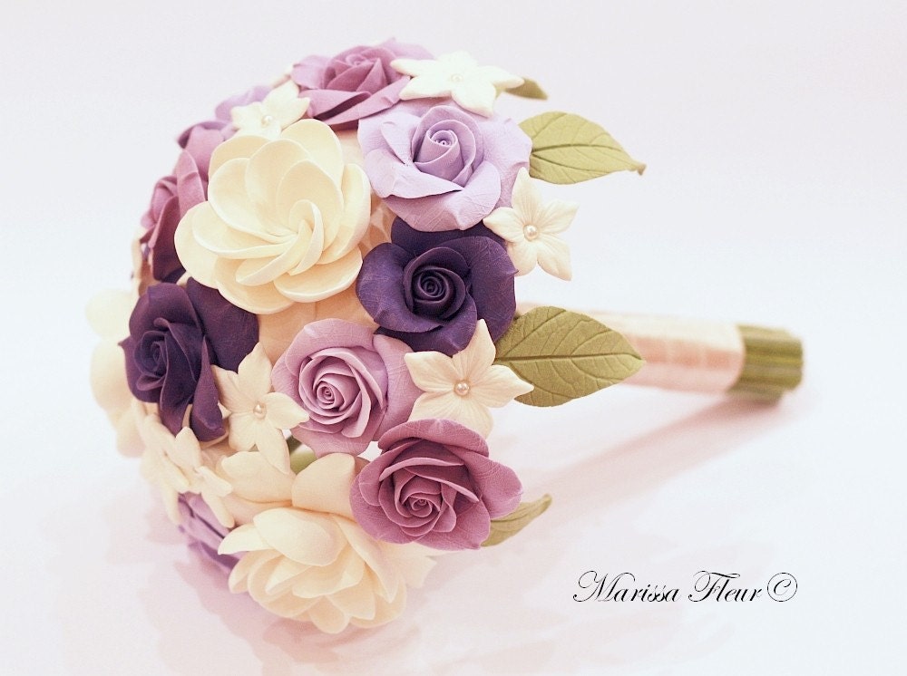 Purple Bridal Bouquet With Purple Roses Ivory Gardenias And Ivory 
