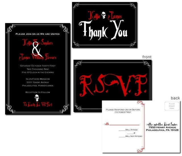 Gothic Wedding Invitation Set featuring Spooky Text and a Skull Printable