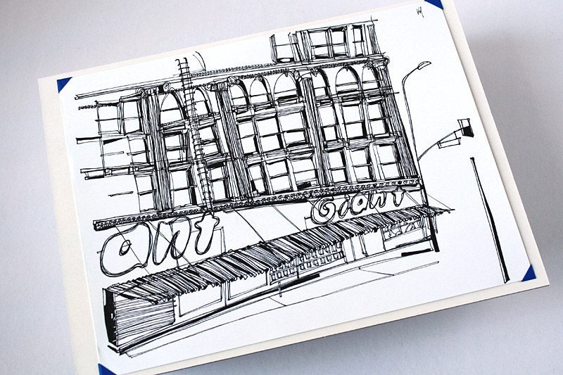 The Giant original Los Angeles ink drawing retro city architecture in 