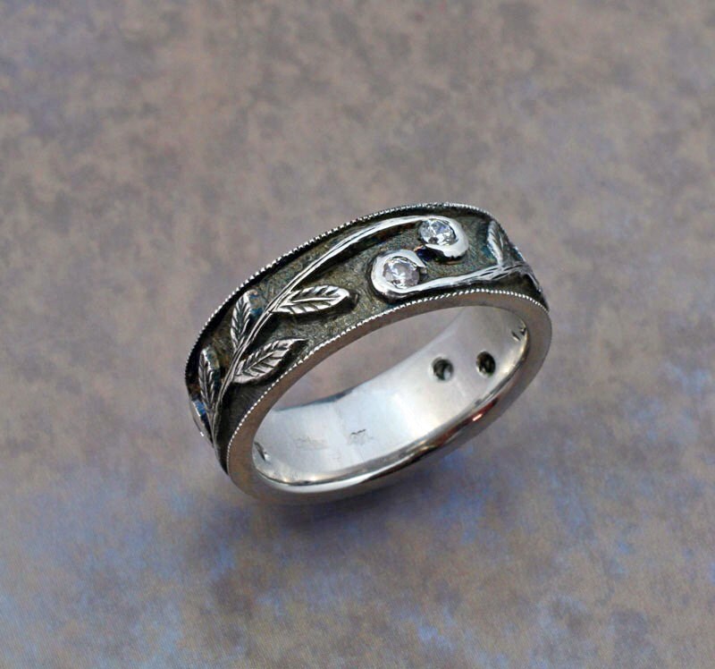 SCROLLING VINE Wedding Band In Sterling Silver Setting White Sapphires