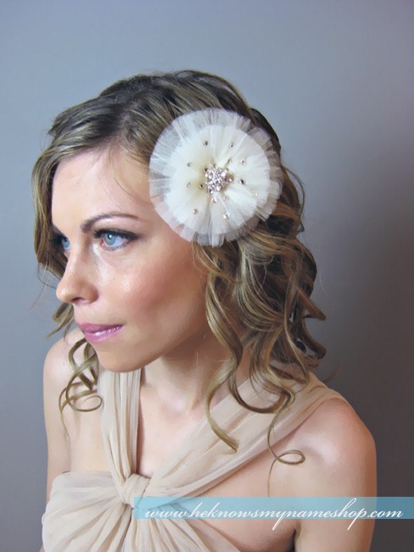 Tulle Flower Headpiece or Sash bridal headpiece white ivory tulle 