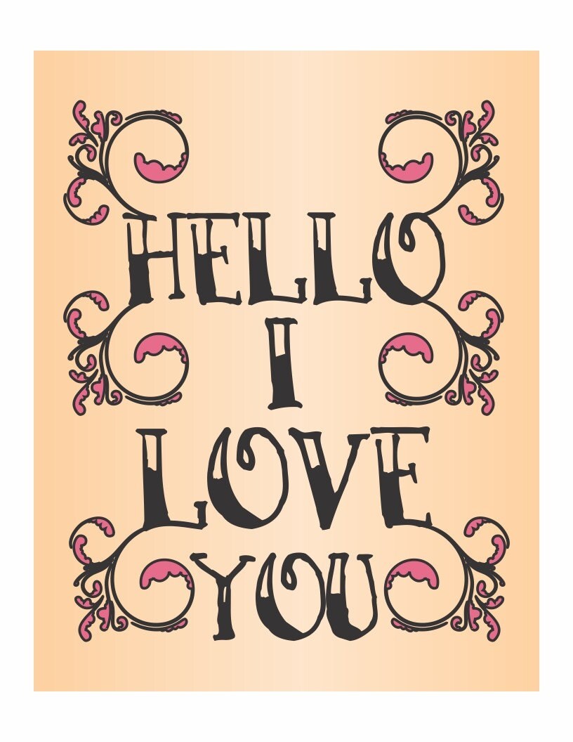 Hello I Love You Tattoo Style - a tattoo print in black with pink ...