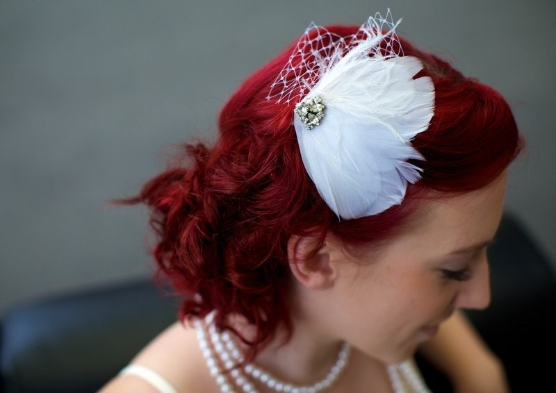 White Bridal Feather Fascinator with Vintage Rhinestones From LaPlumeEthere