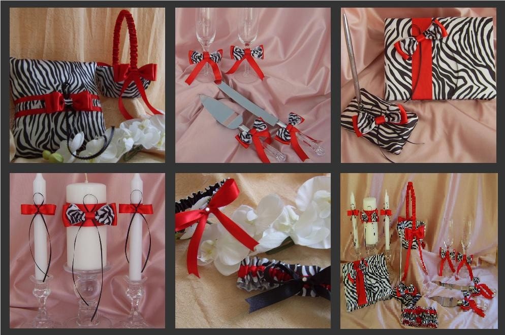 Zebra Print and Red Wedding Flower Girl Basket Ring Pillow Guest Book 