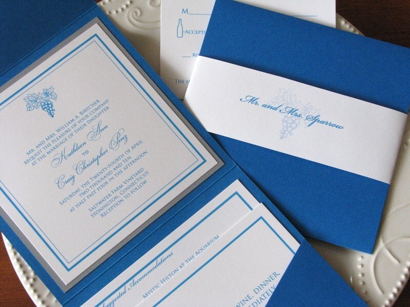 Elegant and simple this stunning blue pocketfold wedding invitation is a 