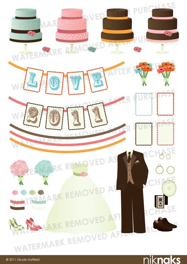 Wedding Cakes Dress Tux Flowers Banners Digital Clipart Set