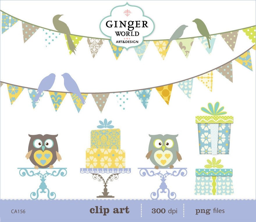 Birds Banners Flags Owls cake gift box party clipart digital file 
