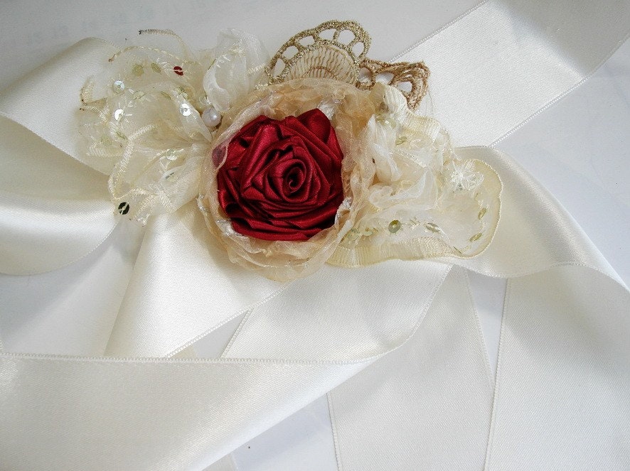 Wedding Cream Cardinal rosette Floral Organza flowers Bridal ribbon sash 