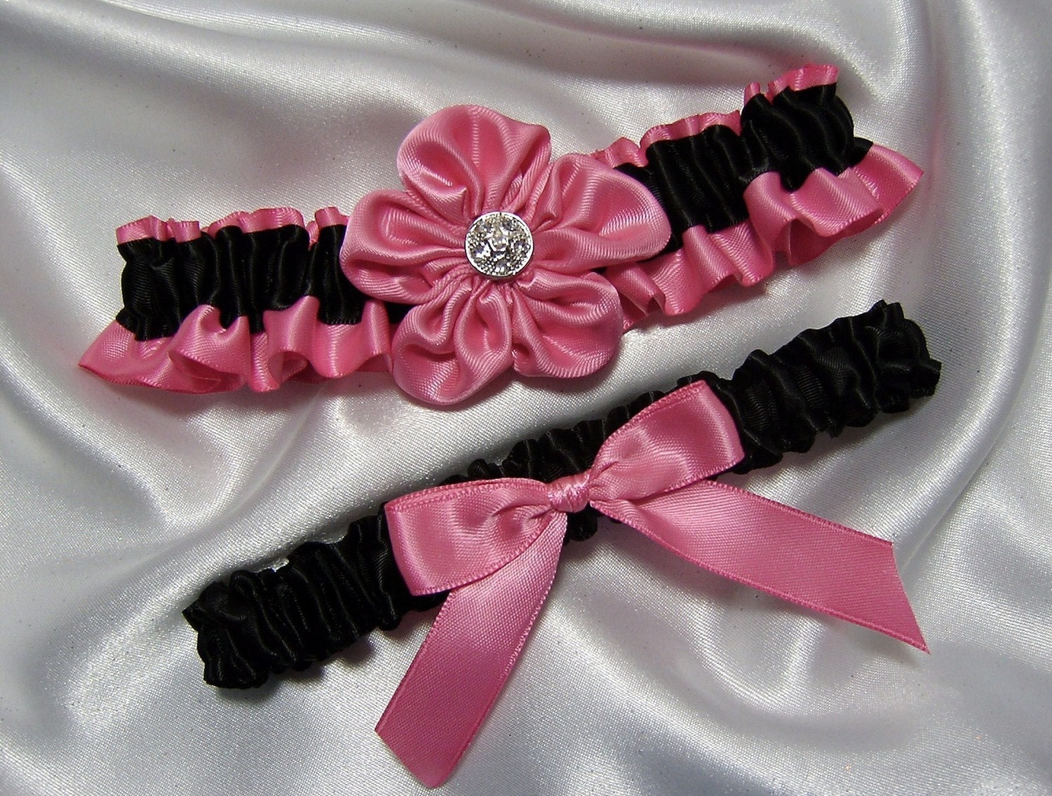 Hot Pink and Black Satin Wedding Garter Set Toss Garter Included