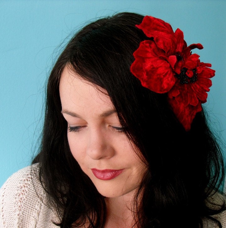 Red Velvet Poppy Hair Clip Mucha inspired From jeezelouise