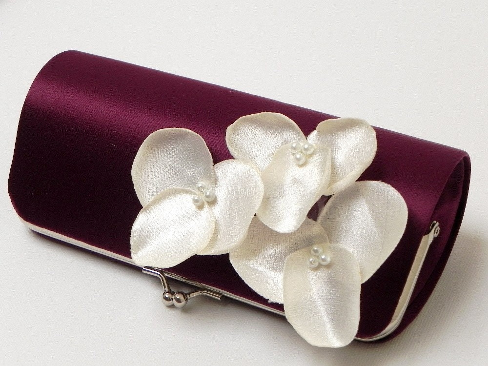 Eggplant Bridesmaid Clutches or Bridal Clutch with Ivory Flower Blooms 