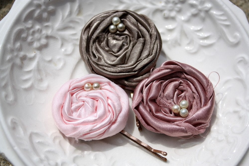 Shabby chic wedding set of 3 fabric bobby pins with rolled satin fabric