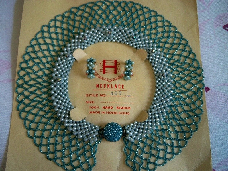 Vintage Green Beaded Pearl Rhinestone Necklace Collar Earrings Mint Wedding