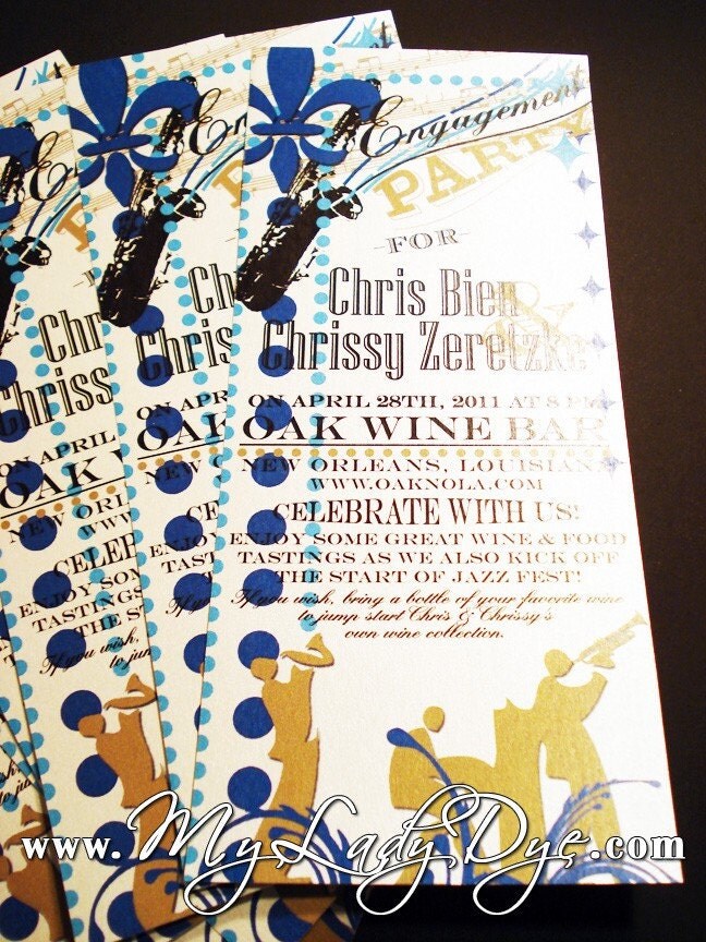 Festive New Orleans Jazz Themed Engagement Invitation with FleurDeLis