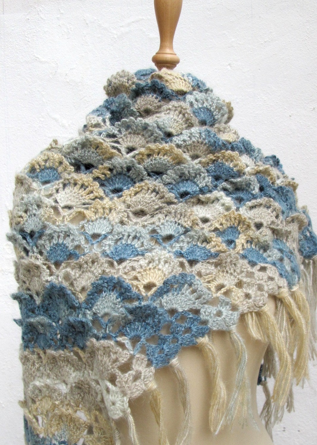 Knit Crochet Scarf Grey Teal Wrap Shawl with Flower by ixela