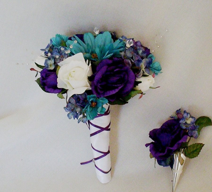 Teal Wedding Bouquet Purple Boutonniere Set Silk flowers From AmoreBride