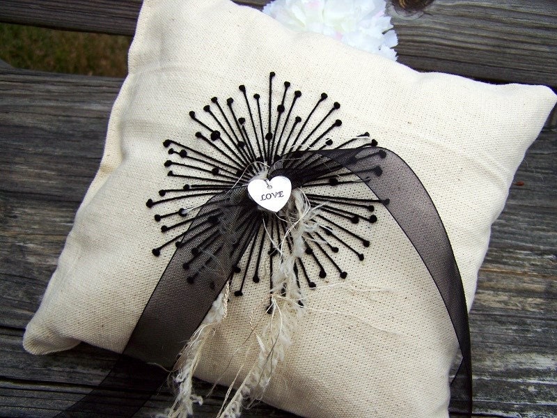 Hand Embroidered Wedding Ring Bearer Pillow Wishing Love Rustic Wedding