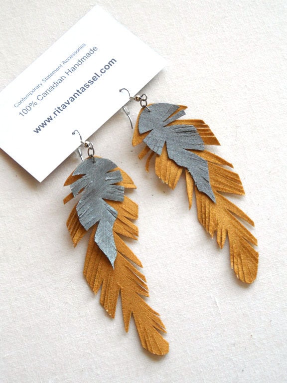 Long Feather Yellow and Silver Gray Satin Earrings
