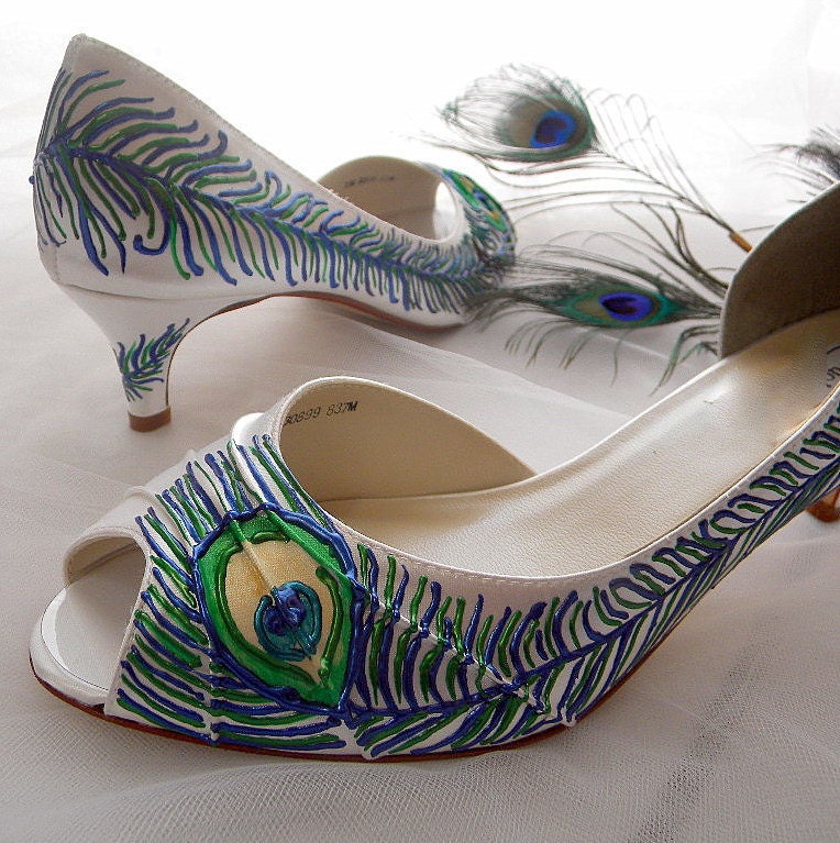 Wedding Shoes peacock feather painted low heel peep toes White Wedding