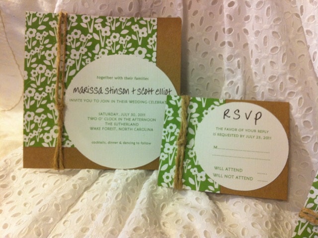 Shabby Chic Wedding Invitation Natural Green White Kraft Twine