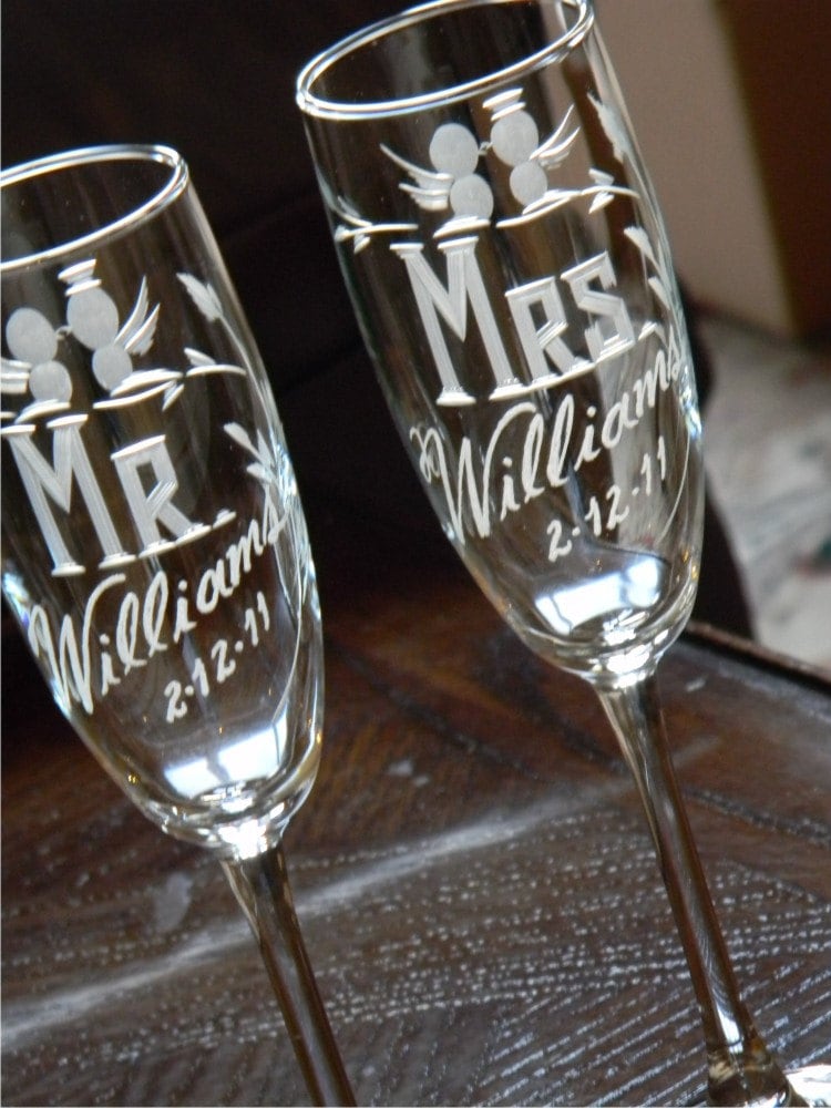 Mr Mrs Personalized Lovebird Champagne Flutes From glassgirljen